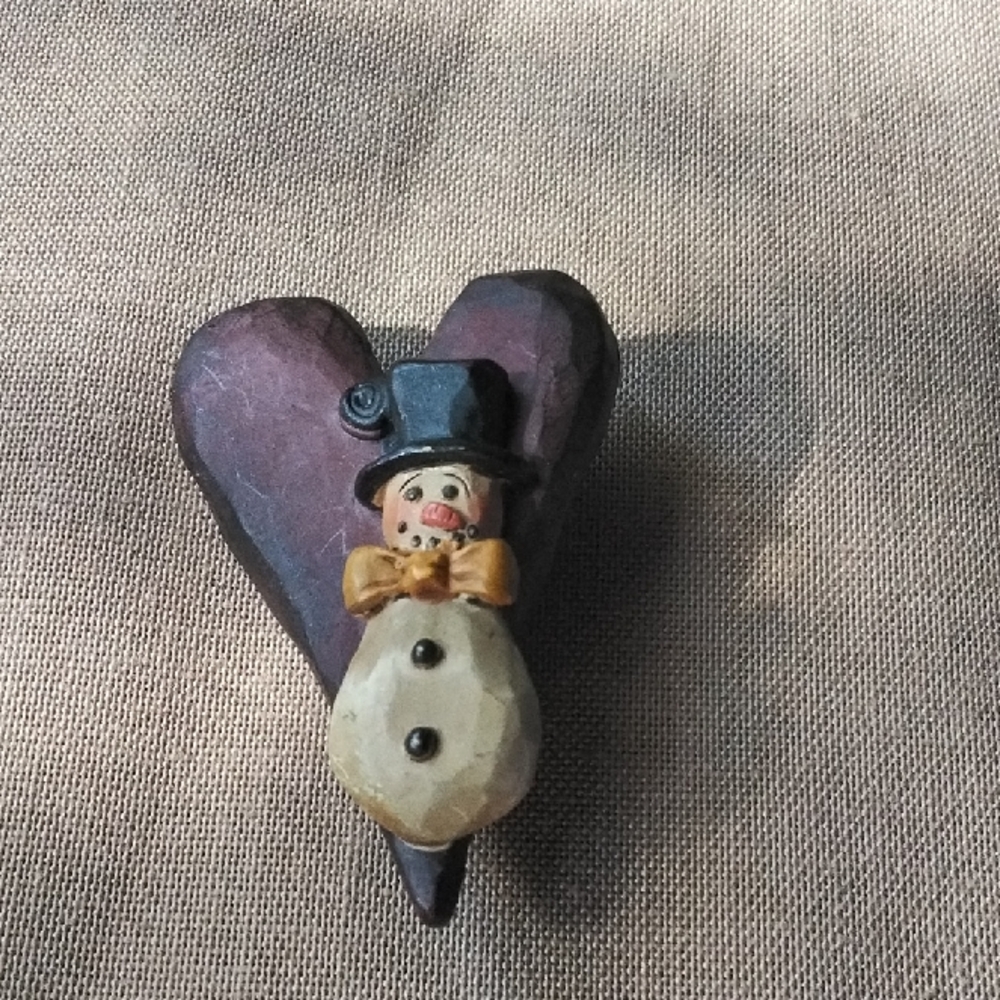 Primitive Snowman Heart Pin Brooch Burgundy Cream Gold